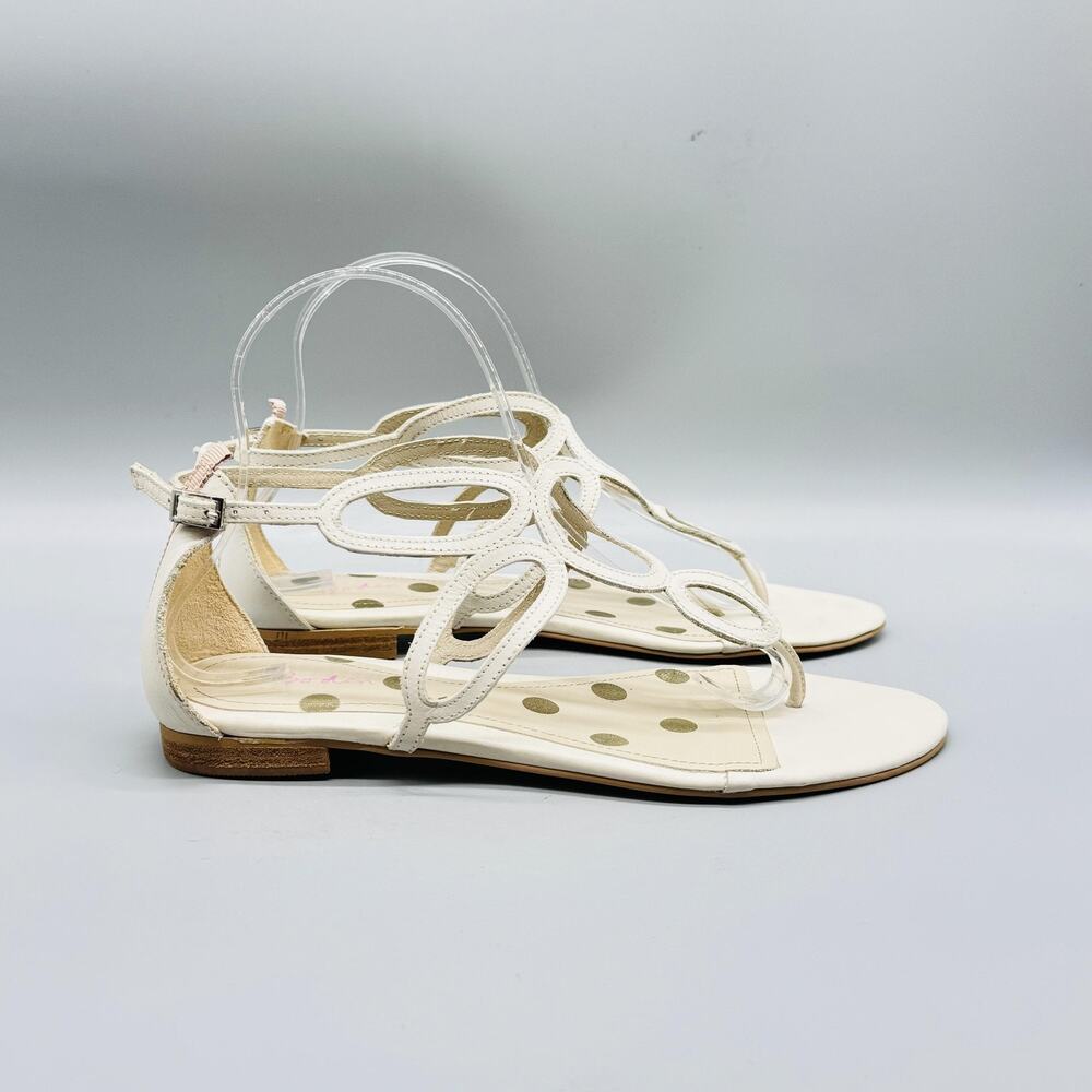 Boden Sandals Womens 8 Off White‎ Leather Gladiator Ankle T Strap Cutout Flats